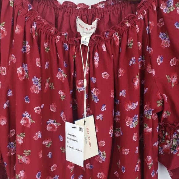 New Max Studio London Peasant Dress Womens Small Burgundy Floral Off Shoulder - Picture 2 of 5